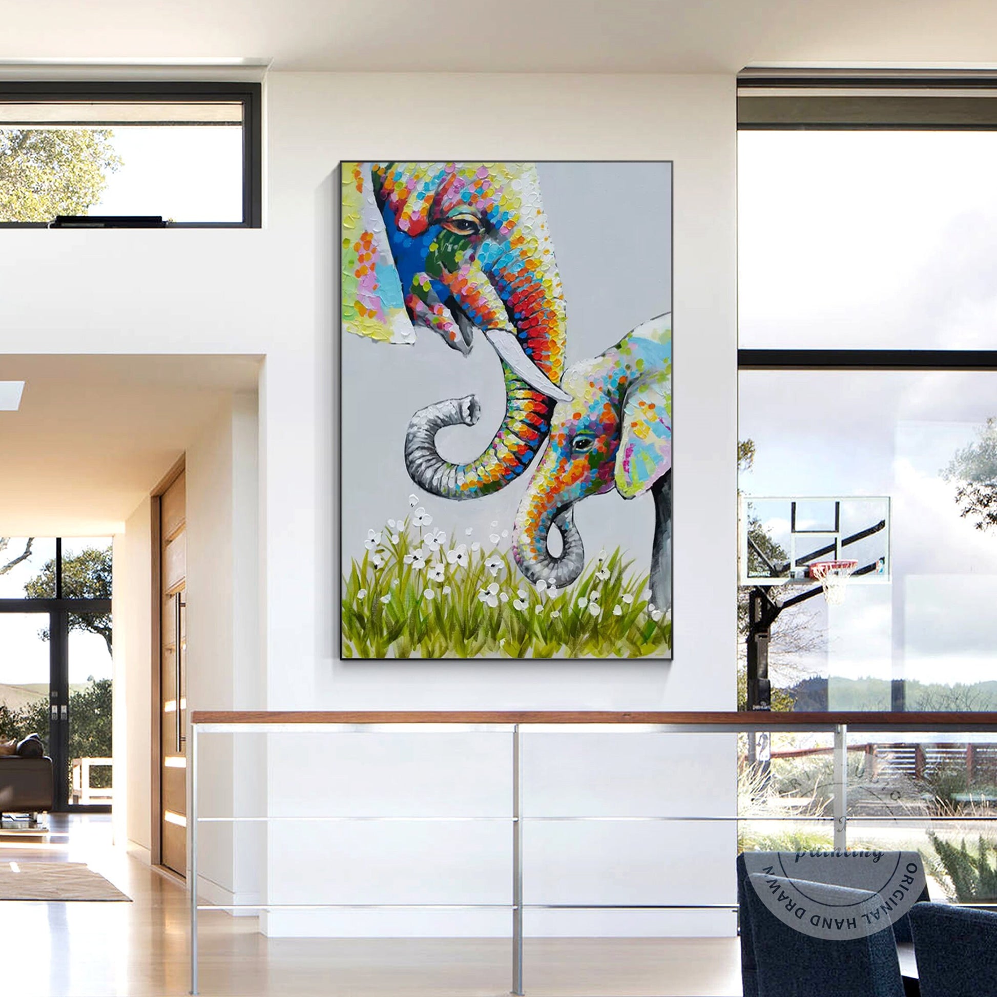 Colorful Elephant Family Painting: Textured Acrylic Canvas Wall Art #5