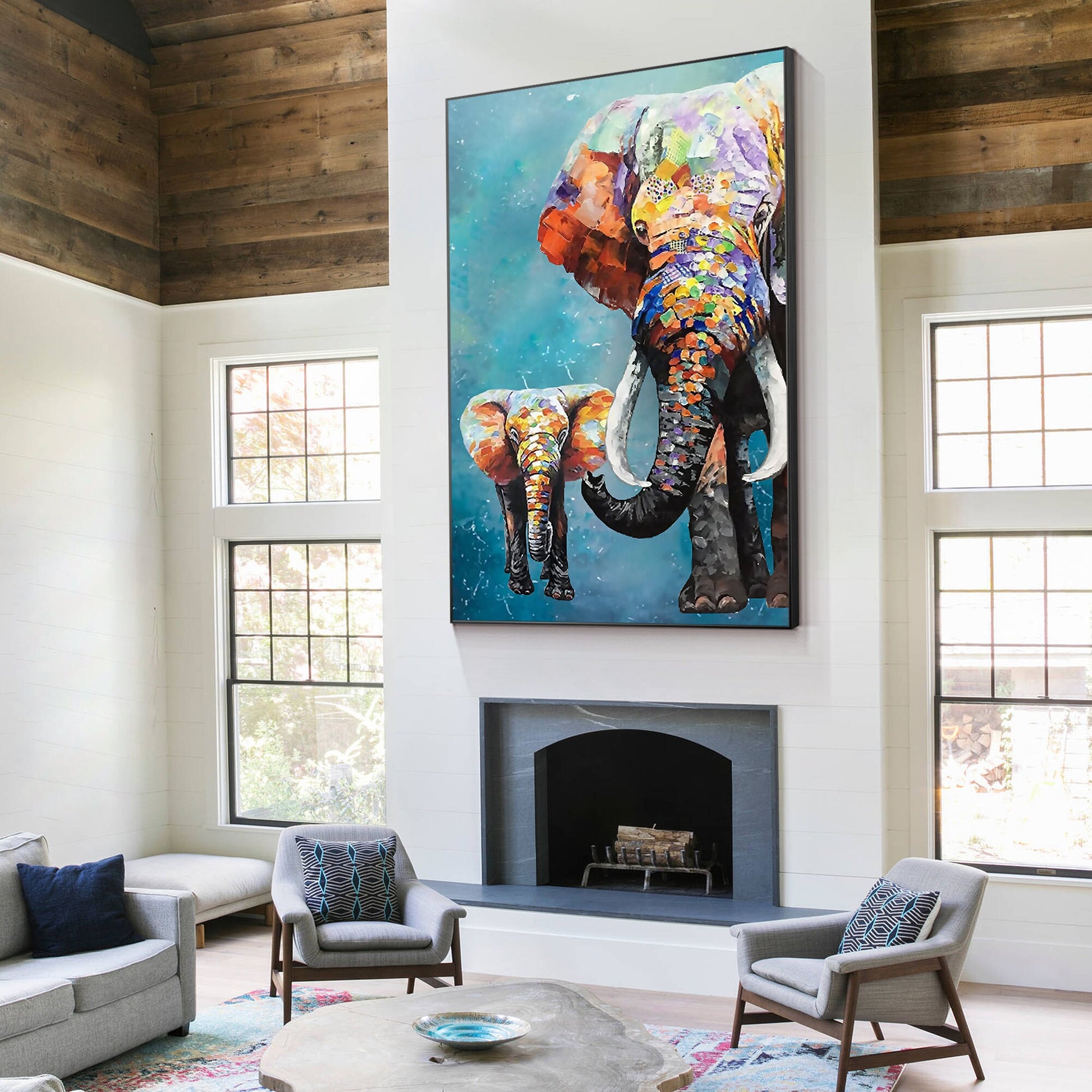 Colorful Elephant Family Painting: Textured Acrylic Framed Canvas Art #2