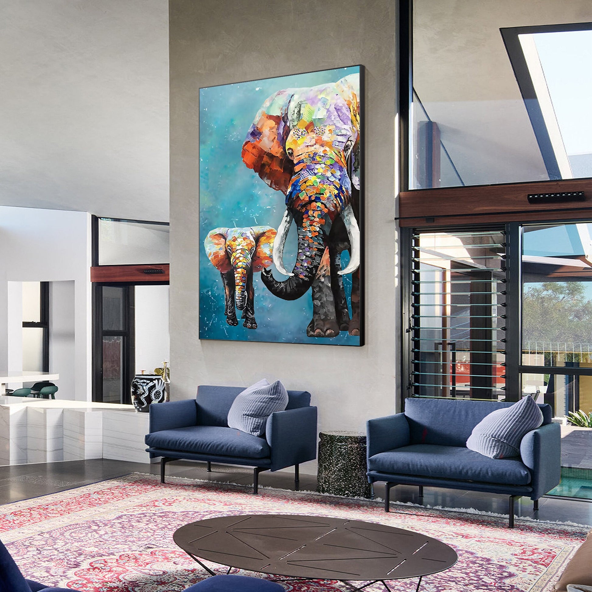 Colorful Elephant Family Painting: Textured Acrylic Framed Canvas Art #4