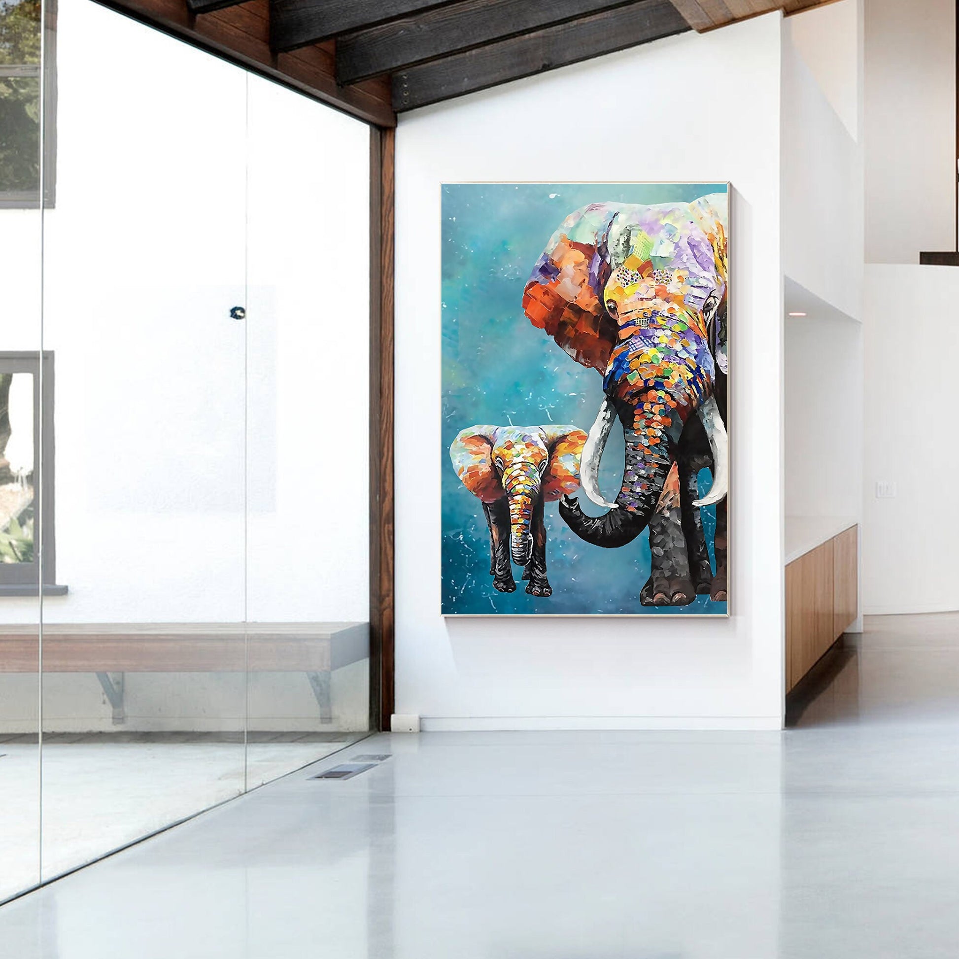 Colorful Elephant Family Painting: Textured Acrylic Framed Canvas Art #5