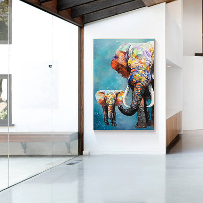 Colorful Elephant Family Painting: Textured Acrylic Framed Canvas Art #5