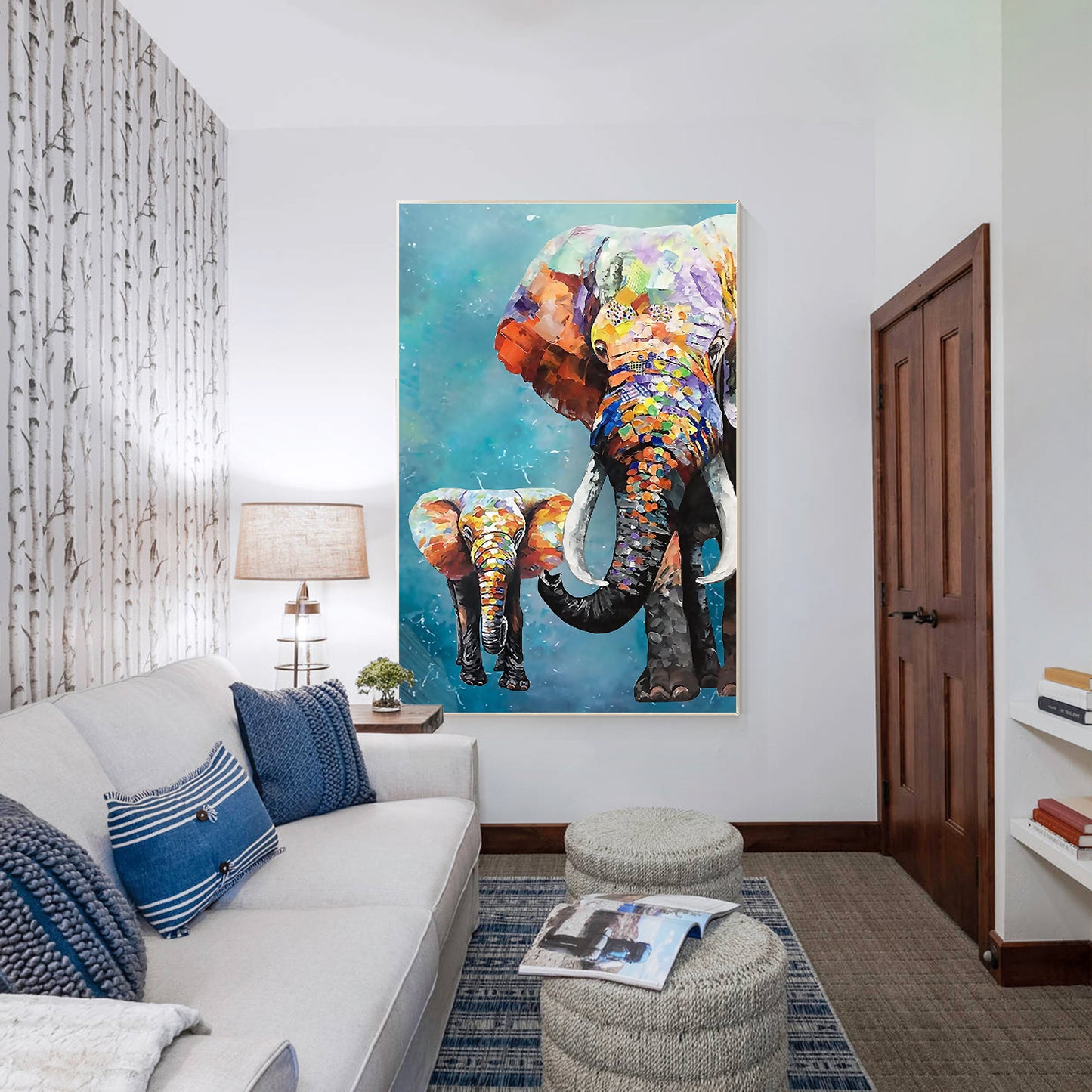 Colorful Elephant Family Painting: Textured Acrylic Framed Canvas Art #6