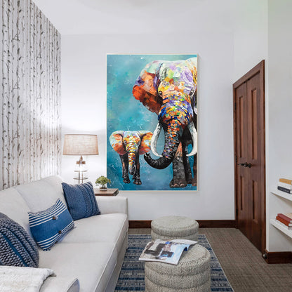 Colorful Elephant Family Painting: Textured Acrylic Framed Canvas Art #6