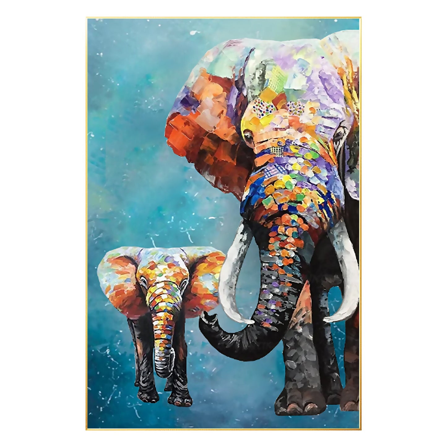 Colorful Elephant Family Painting: Textured Acrylic Framed Canvas Art #8