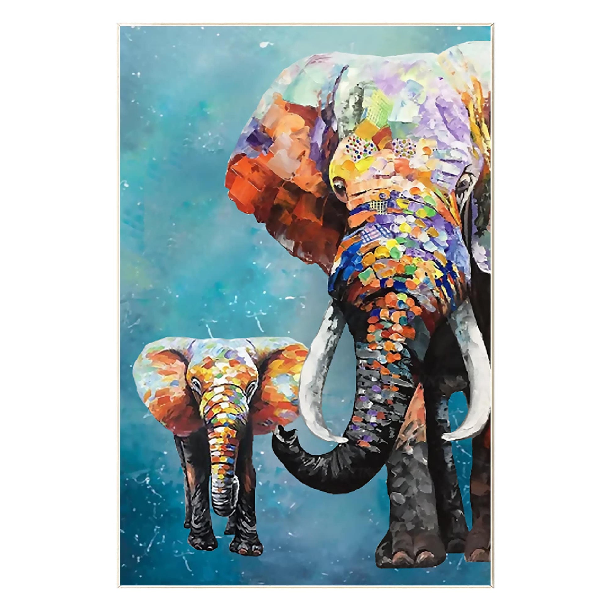Colorful Elephant Family Painting: Textured Acrylic Framed Canvas Art #9