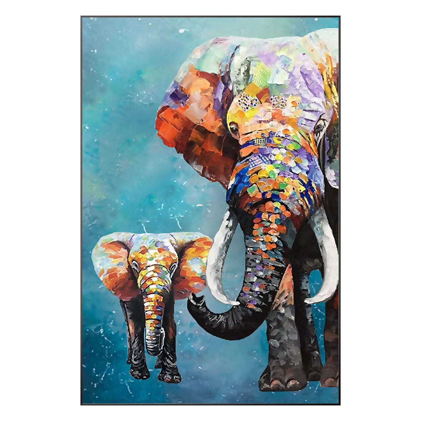 Colorful Elephant Family Painting: Textured Acrylic Framed Canvas Art #10