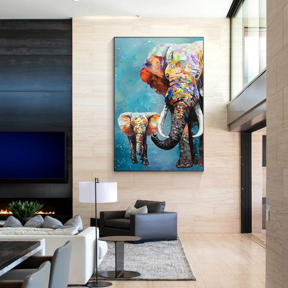 Colorful Elephant Family Painting: Textured Acrylic Framed Canvas Art #1