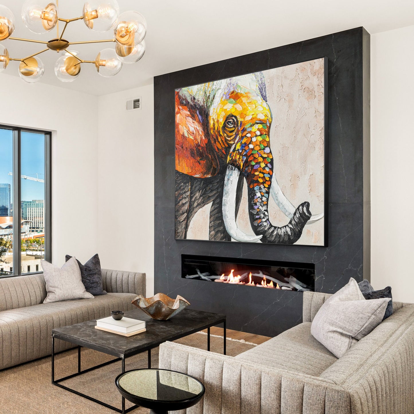 Colorful Elephant Painting: Original Texture Art on Canvas, Framed #4