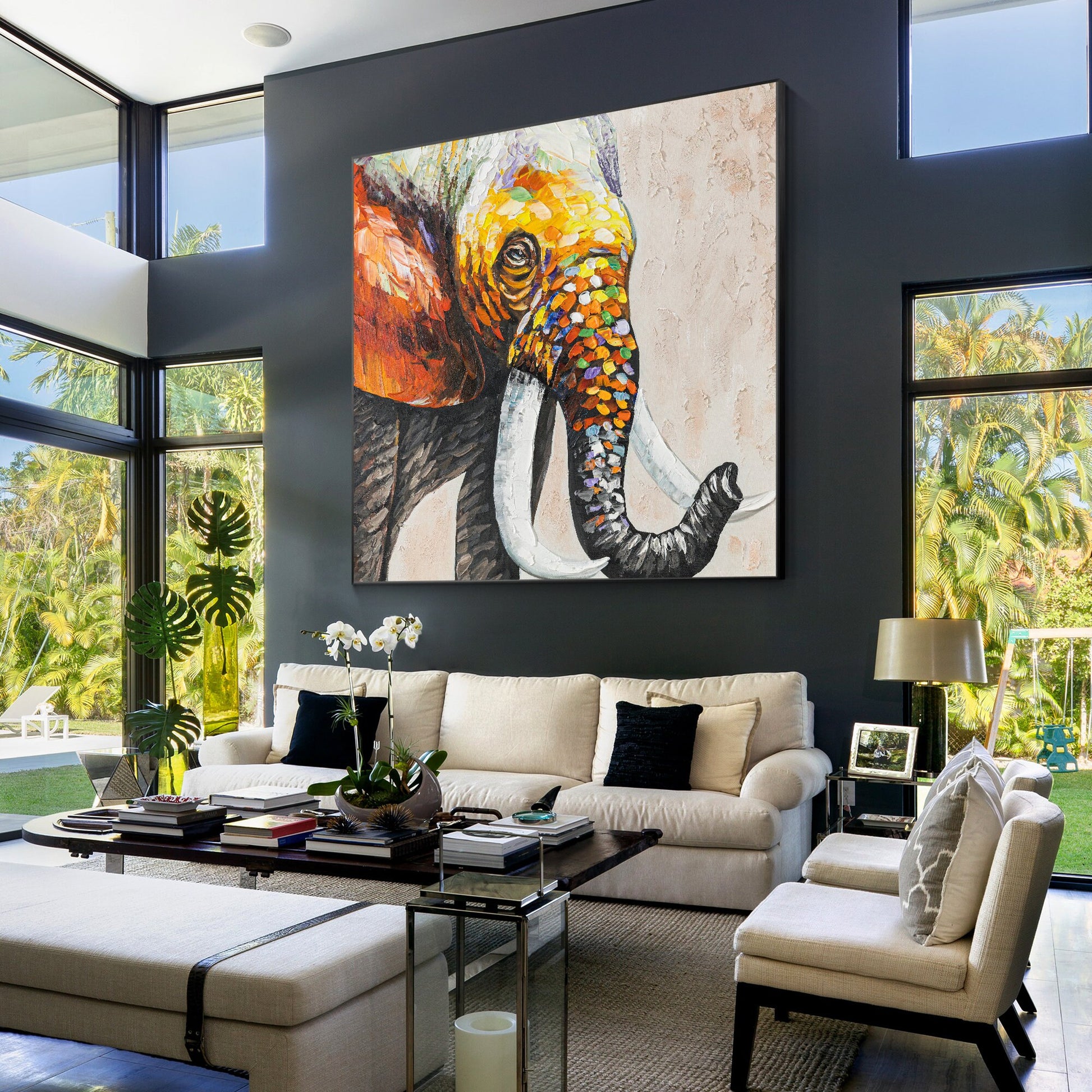 Colorful Elephant Painting: Original Texture Art on Canvas, Framed #5