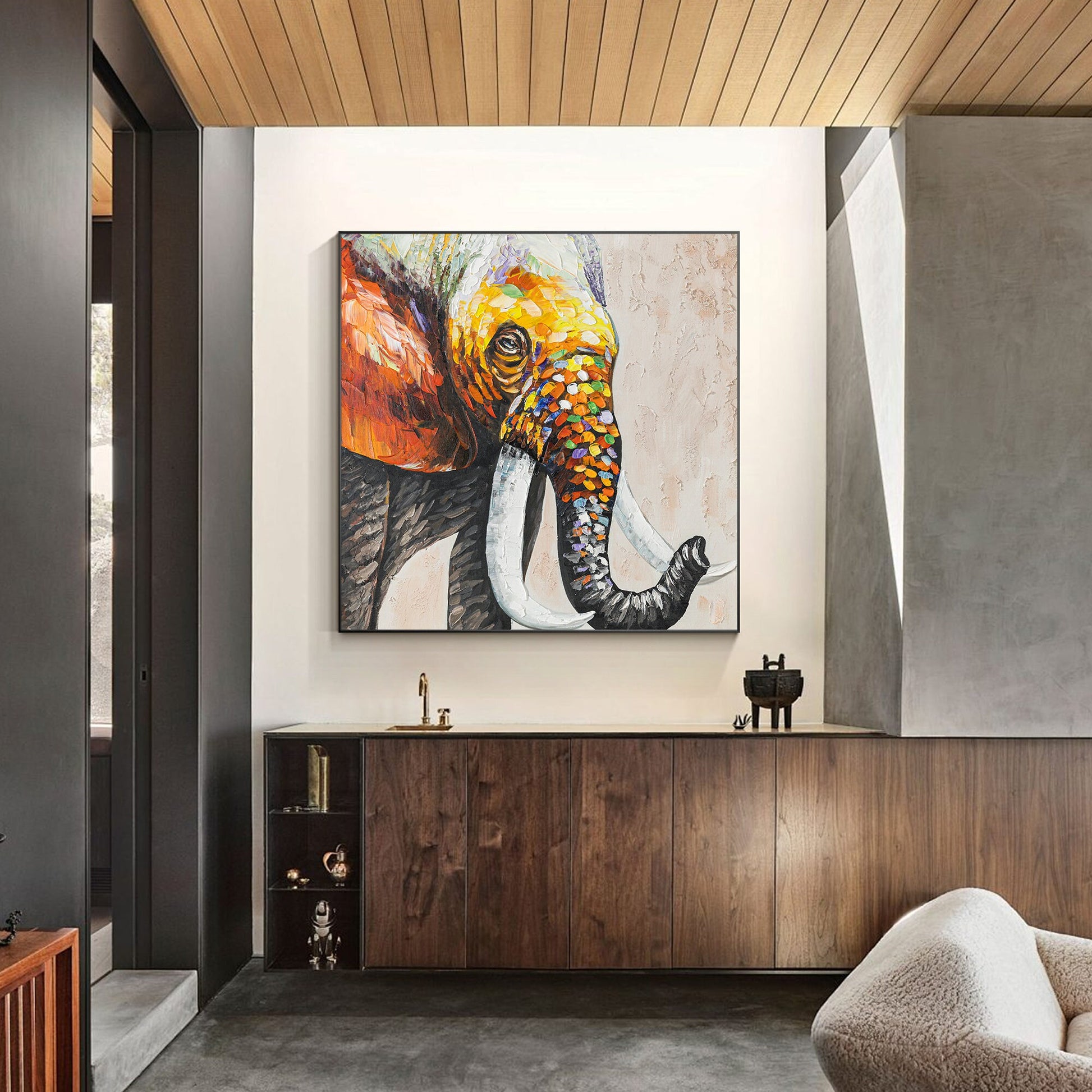 Colorful Elephant Painting: Original Texture Art on Canvas, Framed #6