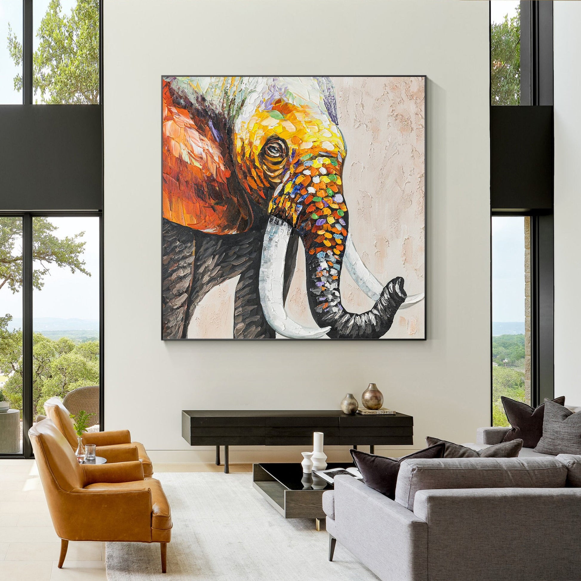 Colorful Elephant Painting: Original Texture Art on Canvas, Framed #1