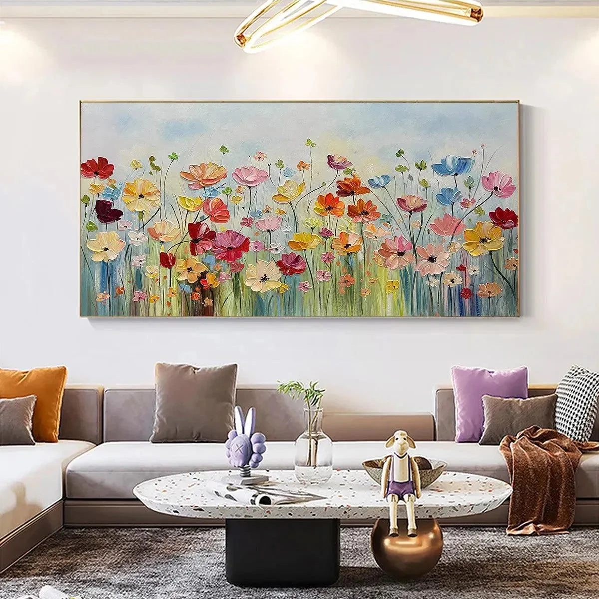 Colorful Floral Oil Painting - Blooming Garden Art | gold frame stretched on neutral wall