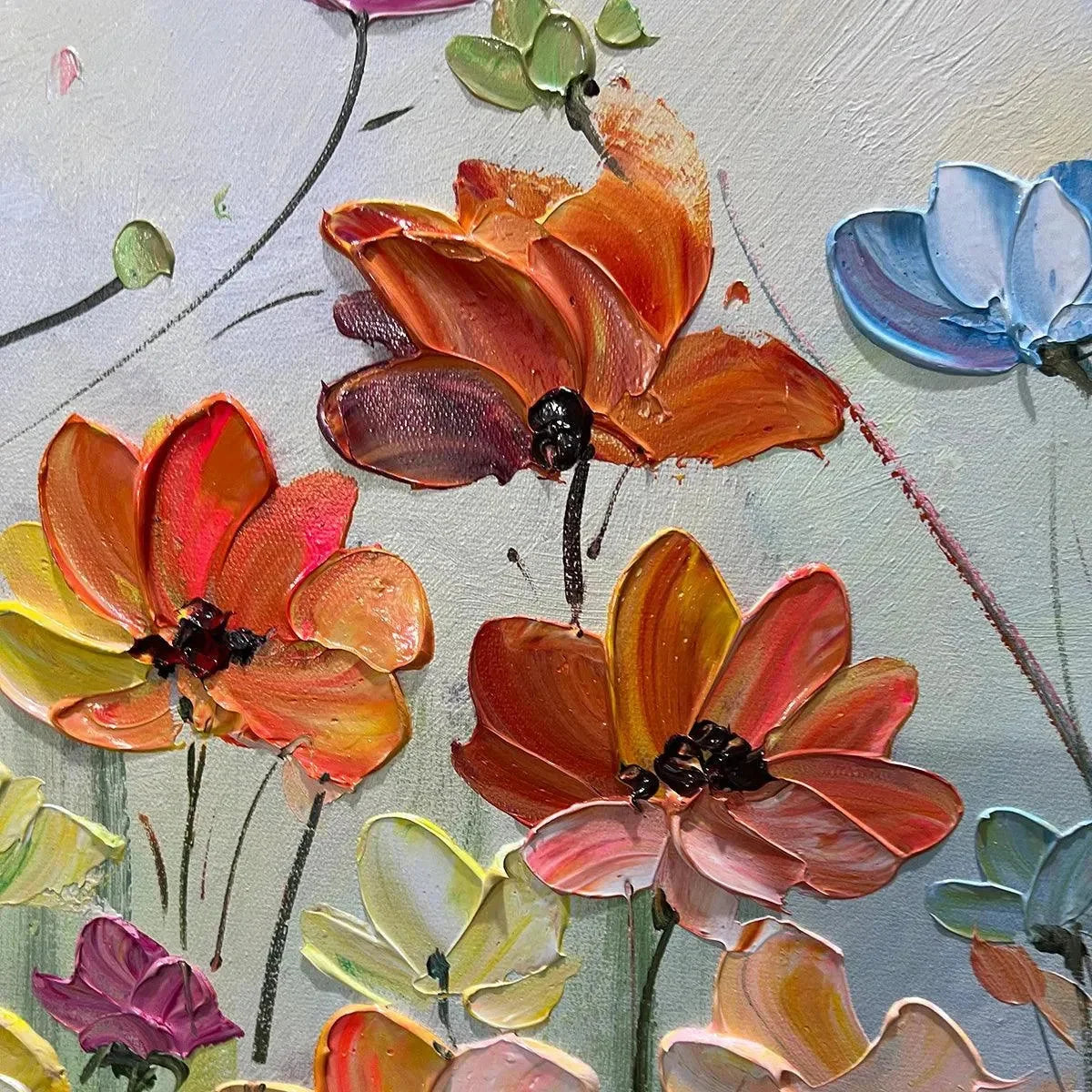 Colorful Floral Oil Painting - Blooming Garden Art | black frame version on white wall