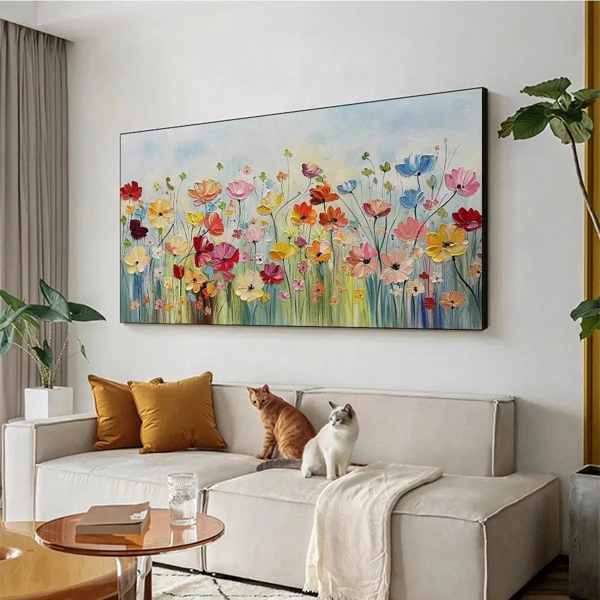 Colorful Floral Oil Painting - Blooming Garden Art | beige palette, original Hand-painted on premium stretched canvas using artist-grade oils; rich layered surface combines smooth gradients with ta...