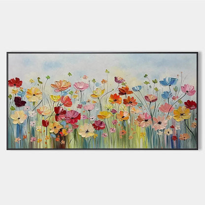 Colorful Floral Oil Painting - Blooming Garden Art | hanging in Colorful Floral Oil Painting - Blooming Garden Art featuring layered textured brushwork in refined tones; abstract composition with r...