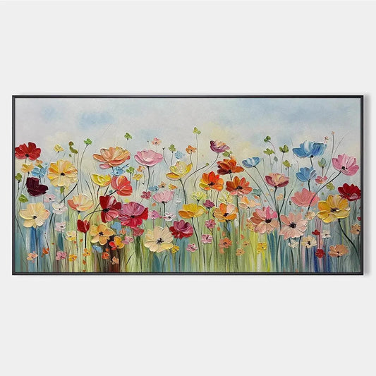Colorful Floral Oil Painting - Blooming Garden Art | hanging in Colorful Floral Oil Painting - Blooming Garden Art featuring layered textured brushwork in refined tones; abstract composition with r...