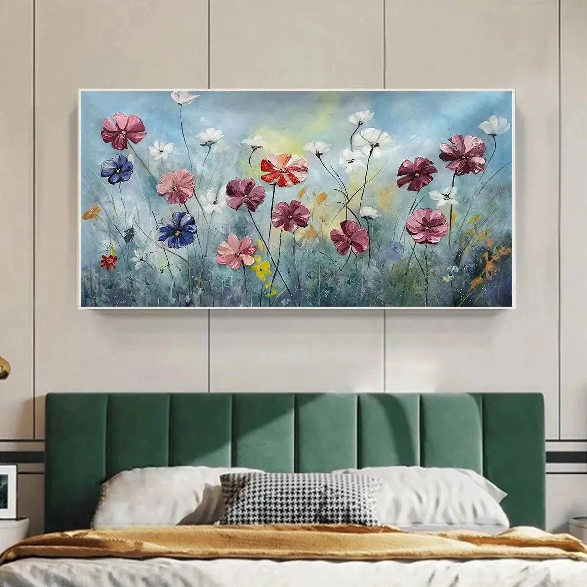 Colorful Floral Oil Painting - Vibrant Garden Art | gold frame stretched on neutral wall