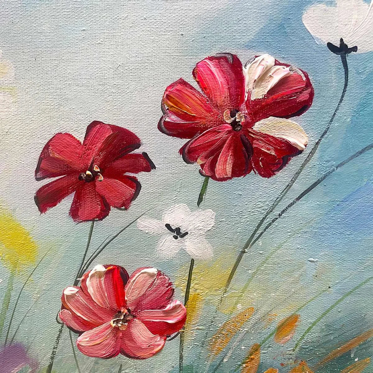Colorful Floral Oil Painting - Vibrant Garden Art | black frame version on white wall
