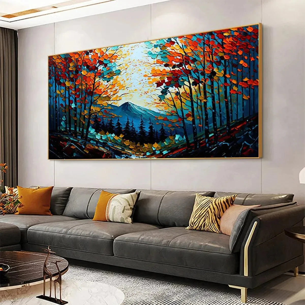 Colorful Forest Landscape Oil Painting - Autumn Vibes | gold frame stretched on neutral wall