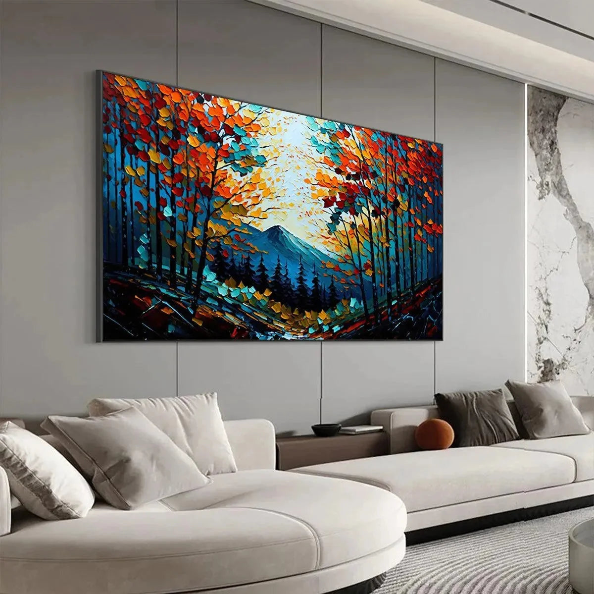 Colorful Forest Landscape Oil Painting - Autumn Vibes | black frame version on white wall