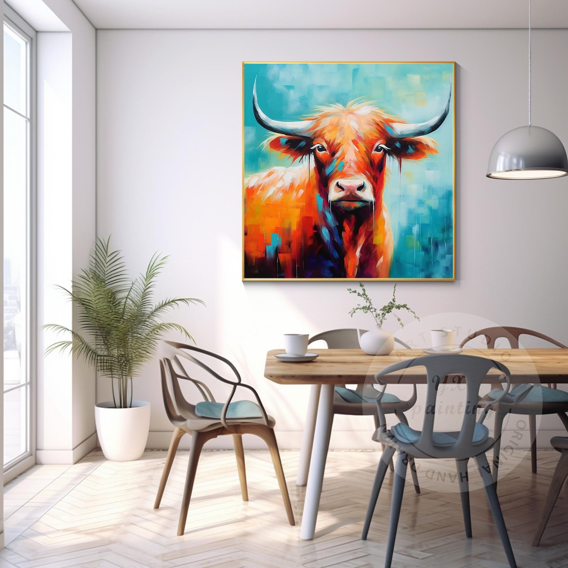 Colorful Highland Yak Painting: Original Texture Art on Canvas #2
