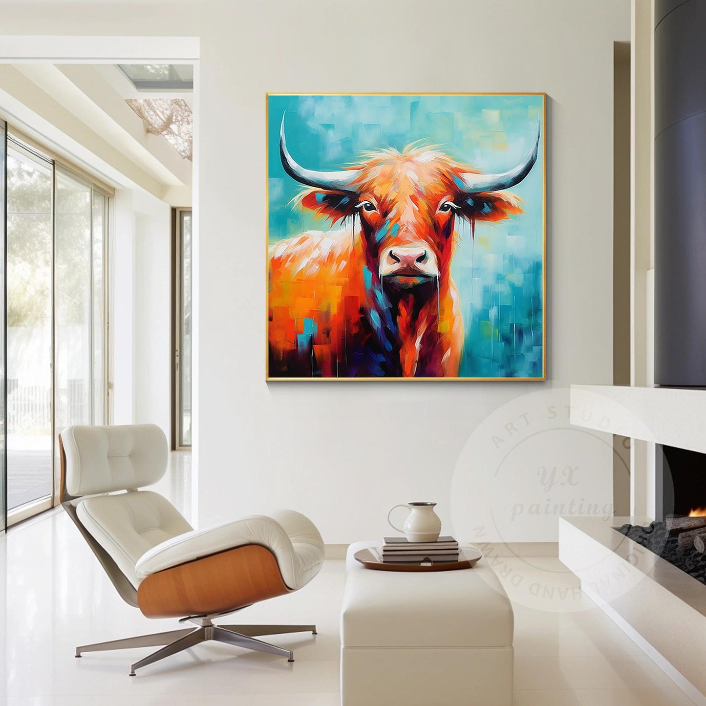 Colorful Highland Yak Painting: Original Texture Art on Canvas #3