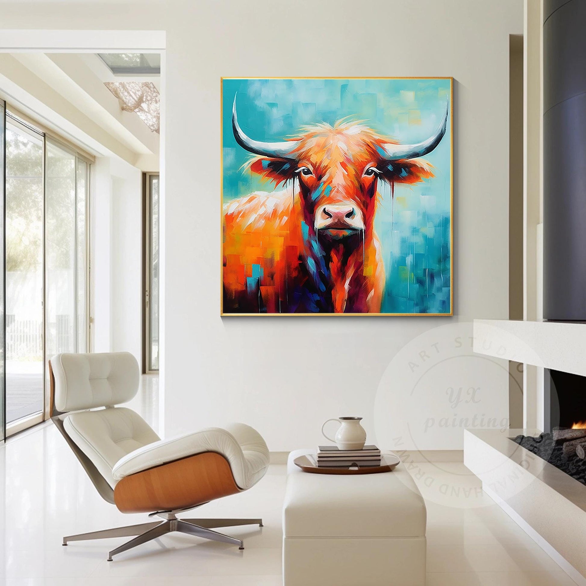 Colorful Highland Yak Painting: Original Texture Art on Canvas #3