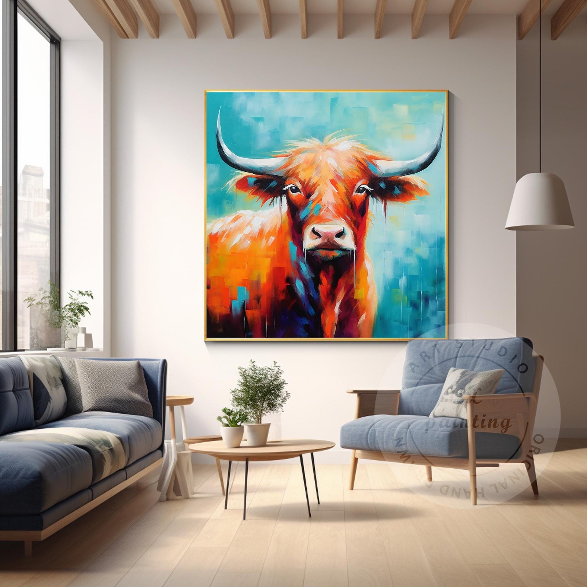 Colorful Highland Yak Painting: Original Texture Art on Canvas #4