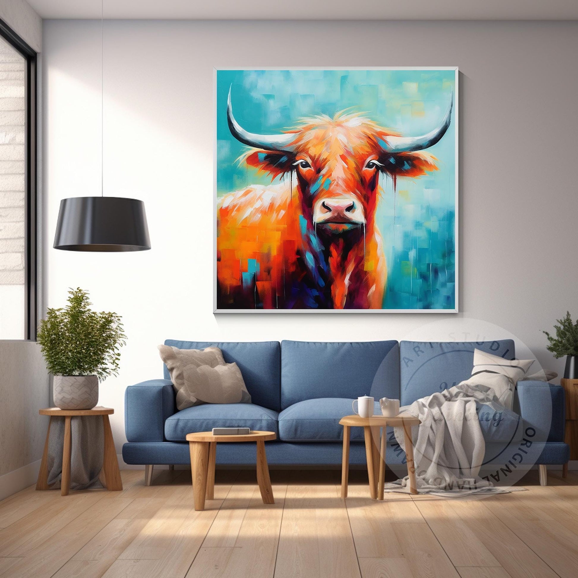 Colorful Highland Yak Painting: Original Texture Art on Canvas #5