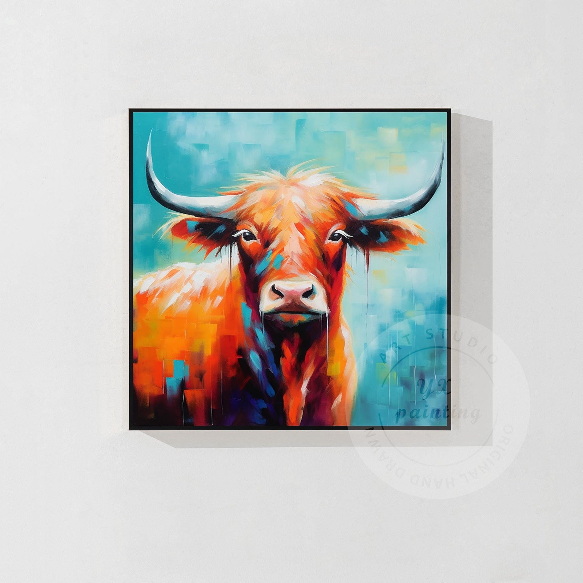 Colorful Highland Yak Painting: Original Texture Art on Canvas #7