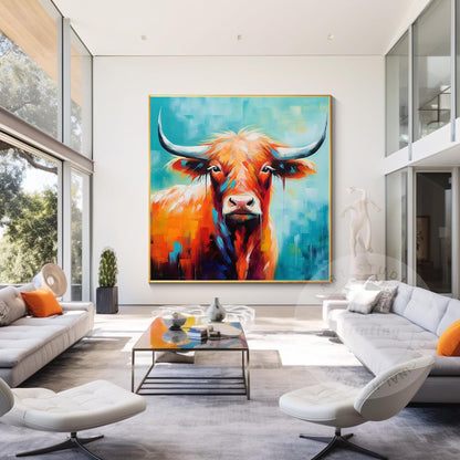 Colorful Highland Yak Painting: Original Texture Art on Canvas #1