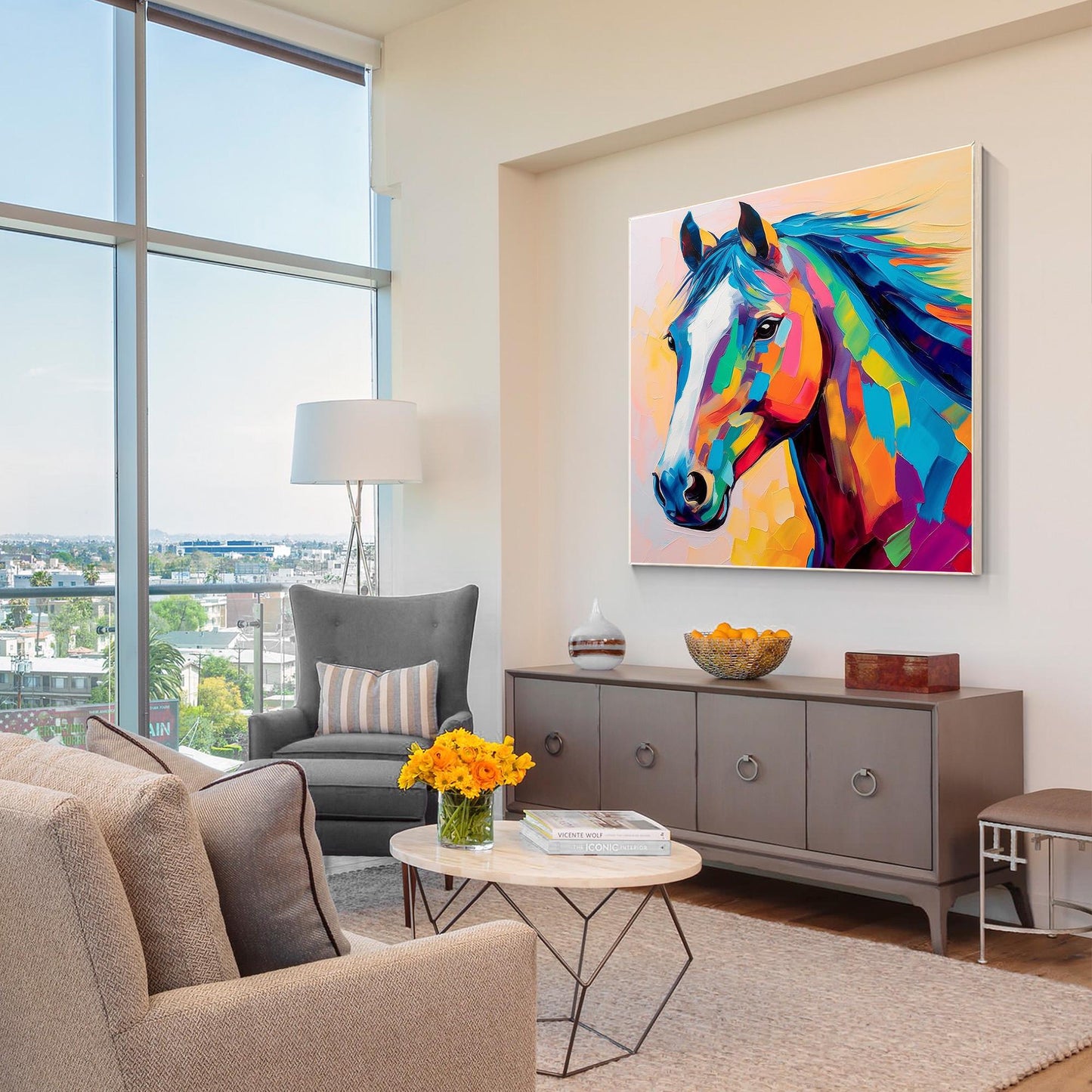 Colorful Horse Oil Painting: Farmhouse Pop Art on Canvas #2