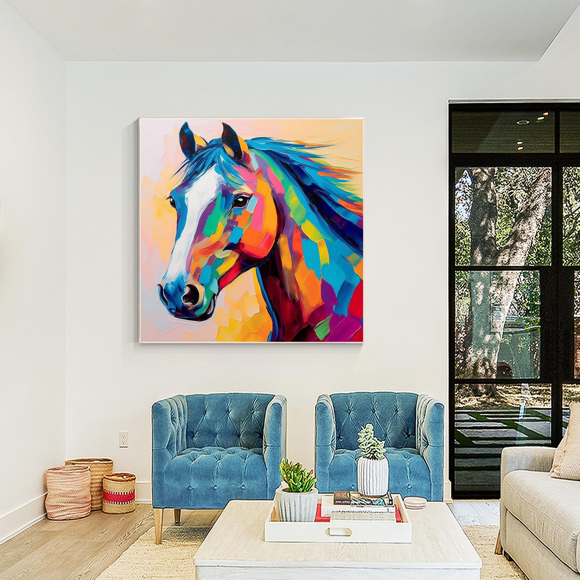 Colorful Horse Oil Painting: Farmhouse Pop Art on Canvas #5
