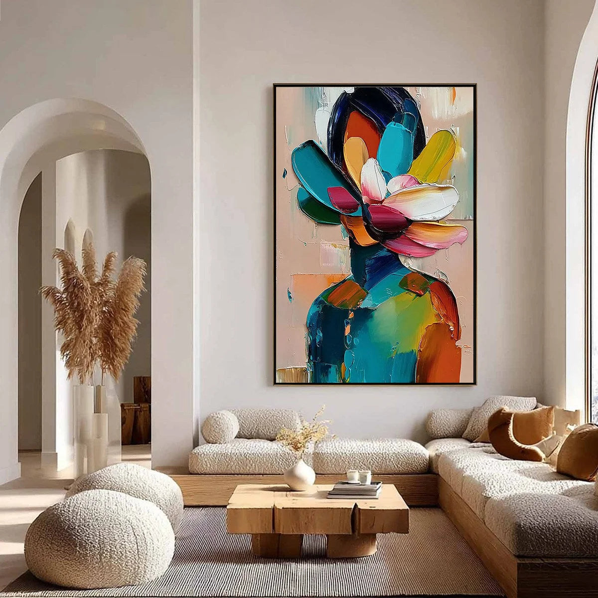 PETALED PERSONA: Colorful Abstract Floral Portrait Impasto Painting | gold frame stretched on neutral wall