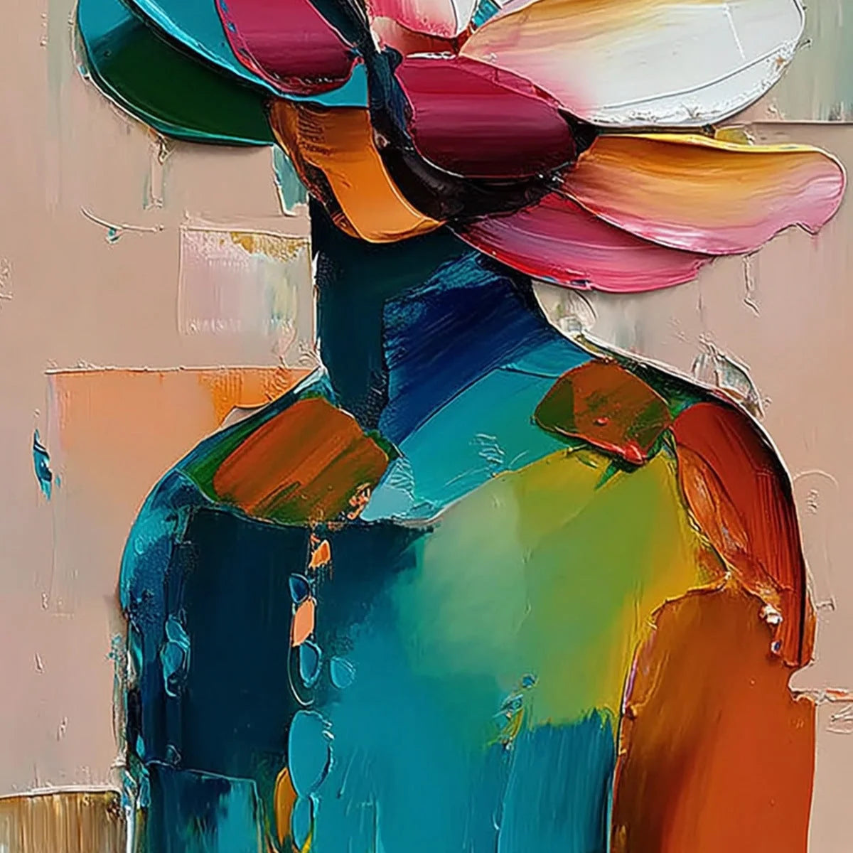PETALED PERSONA: Colorful Abstract Floral Portrait Impasto Painting | rolled canvas, ready for custom framing