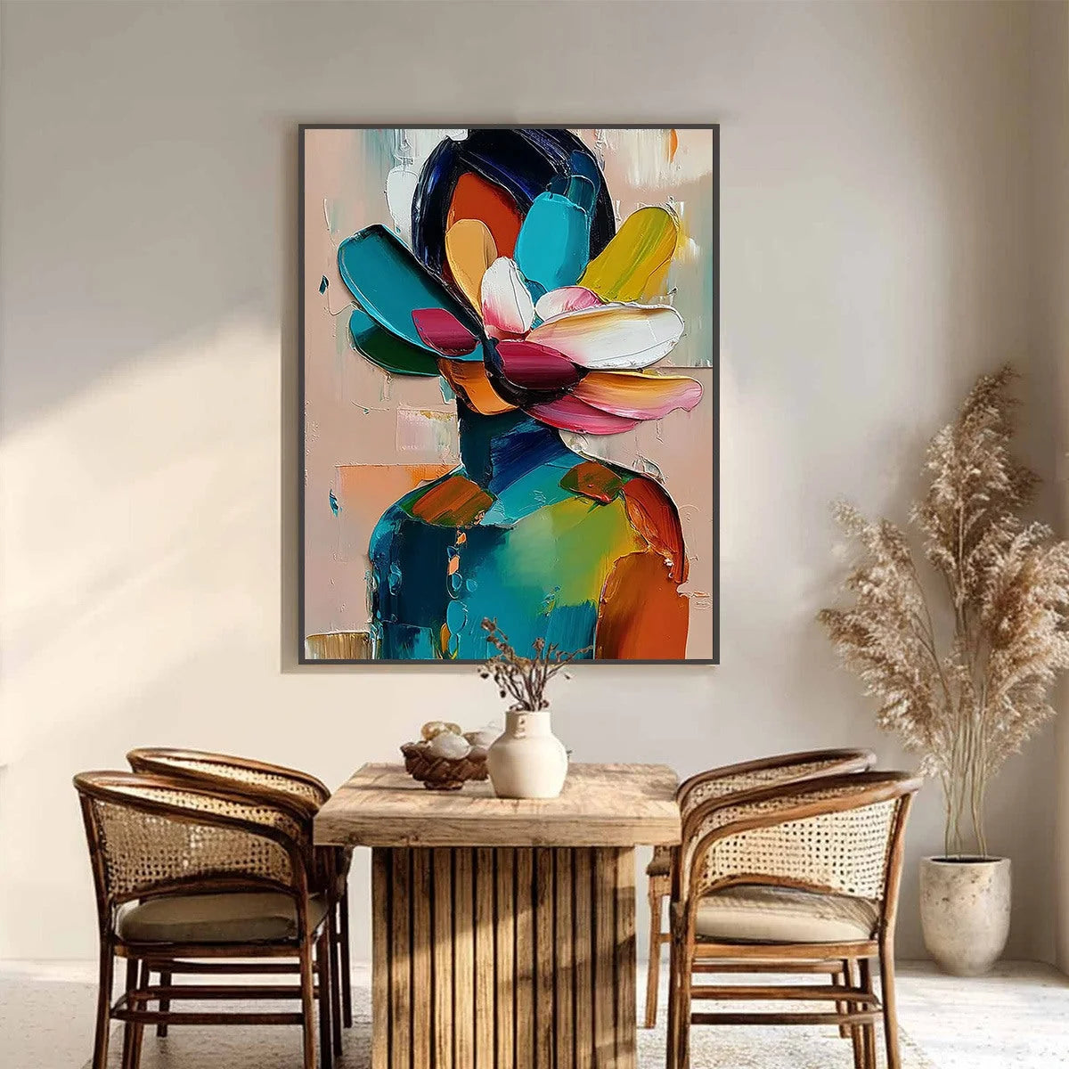 PETALED PERSONA: Colorful Abstract Floral Portrait Impasto Painting | black frame version on white wall