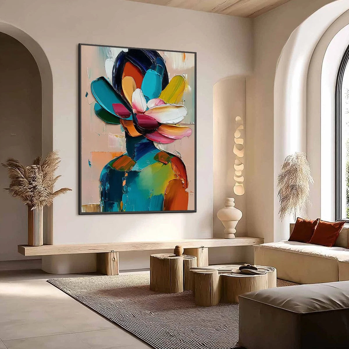 PETALED PERSONA: Colorful Abstract Floral Portrait Impasto Painting | Figurative mood, soft natural light studio shot