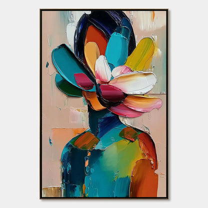 PETALED PERSONA: Colorful Abstract Floral Portrait Impasto Painting | hanging in living room, Figurative wall art