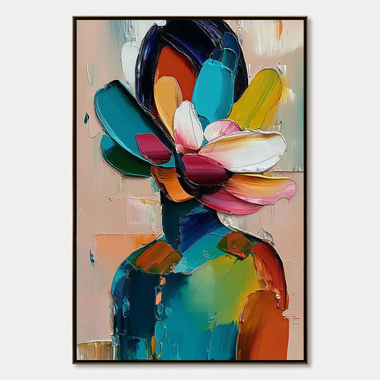 PETALED PERSONA: Colorful Abstract Floral Portrait Impasto Painting | hanging in living room, Figurative wall art