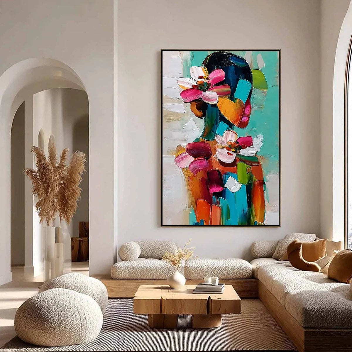 FLORAL ASCENSION: Colorful Abstract Floral Portrait Impasto Oil Painting | gold frame stretched on neutral wall