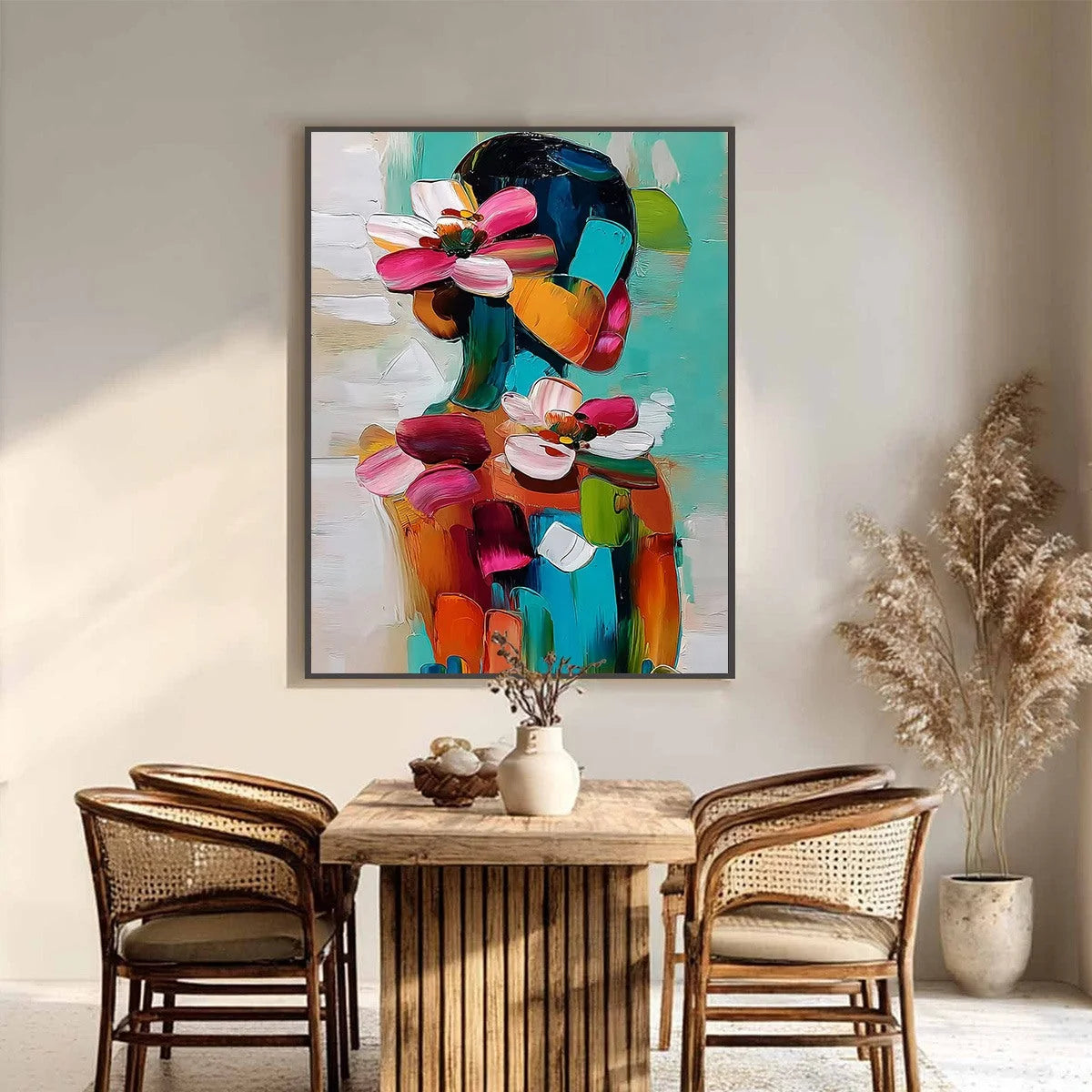 FLORAL ASCENSION: Colorful Abstract Floral Portrait Impasto Oil Painting | black frame version on white wall