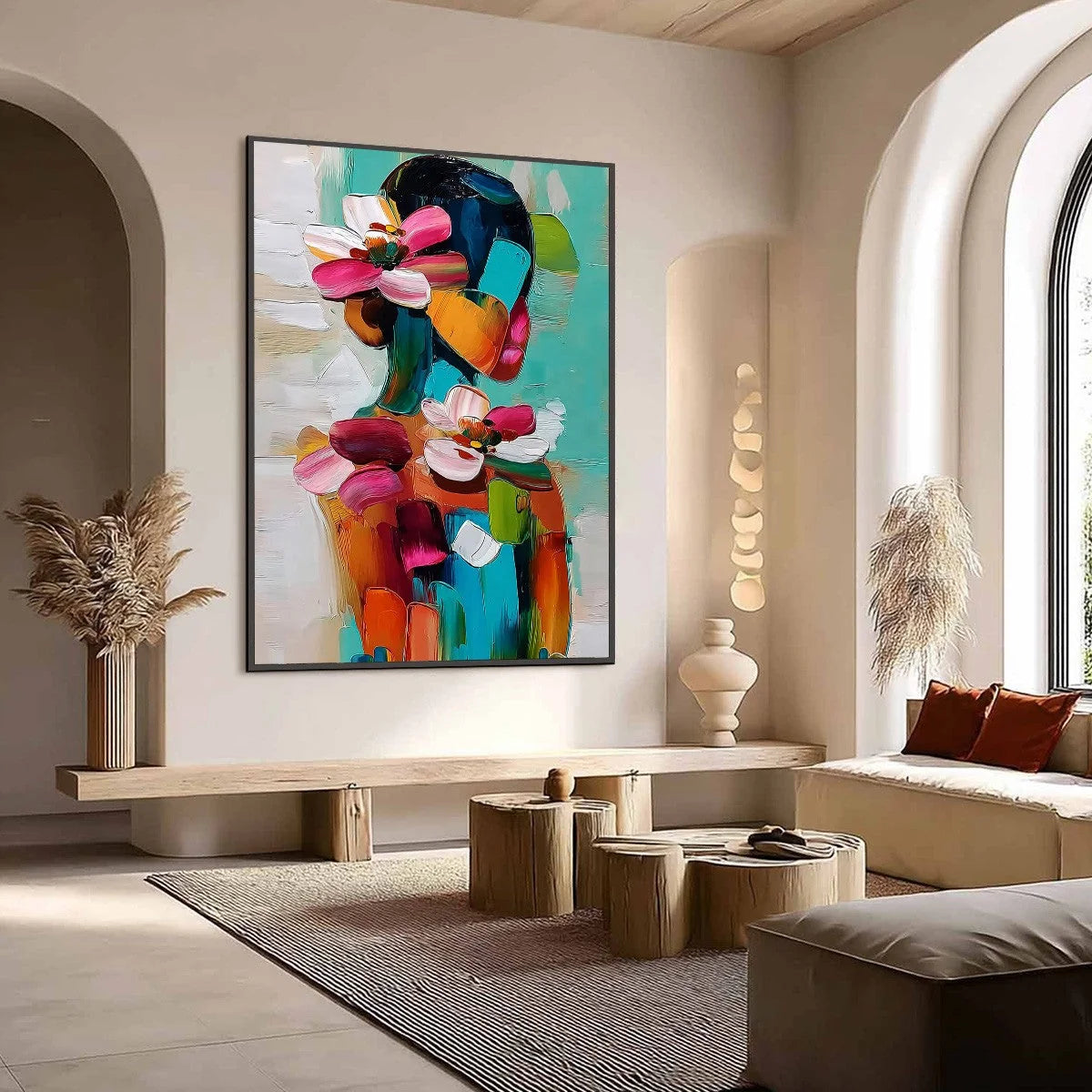 FLORAL ASCENSION: Colorful Abstract Floral Portrait Impasto Oil Painting | Figurative mood, soft natural light studio shot