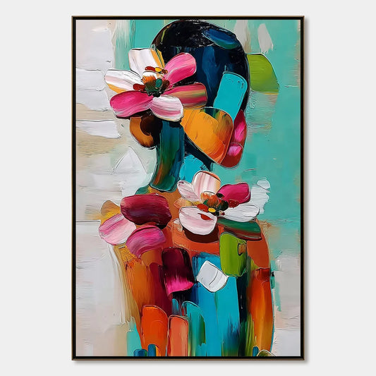 FLORAL ASCENSION: Colorful Abstract Floral Portrait Impasto Oil Painting | hanging in FLORAL ASCENSION: Colorful Abstract Floral Portrait Impasto Oil Painting featuring layered textured brushwork i...