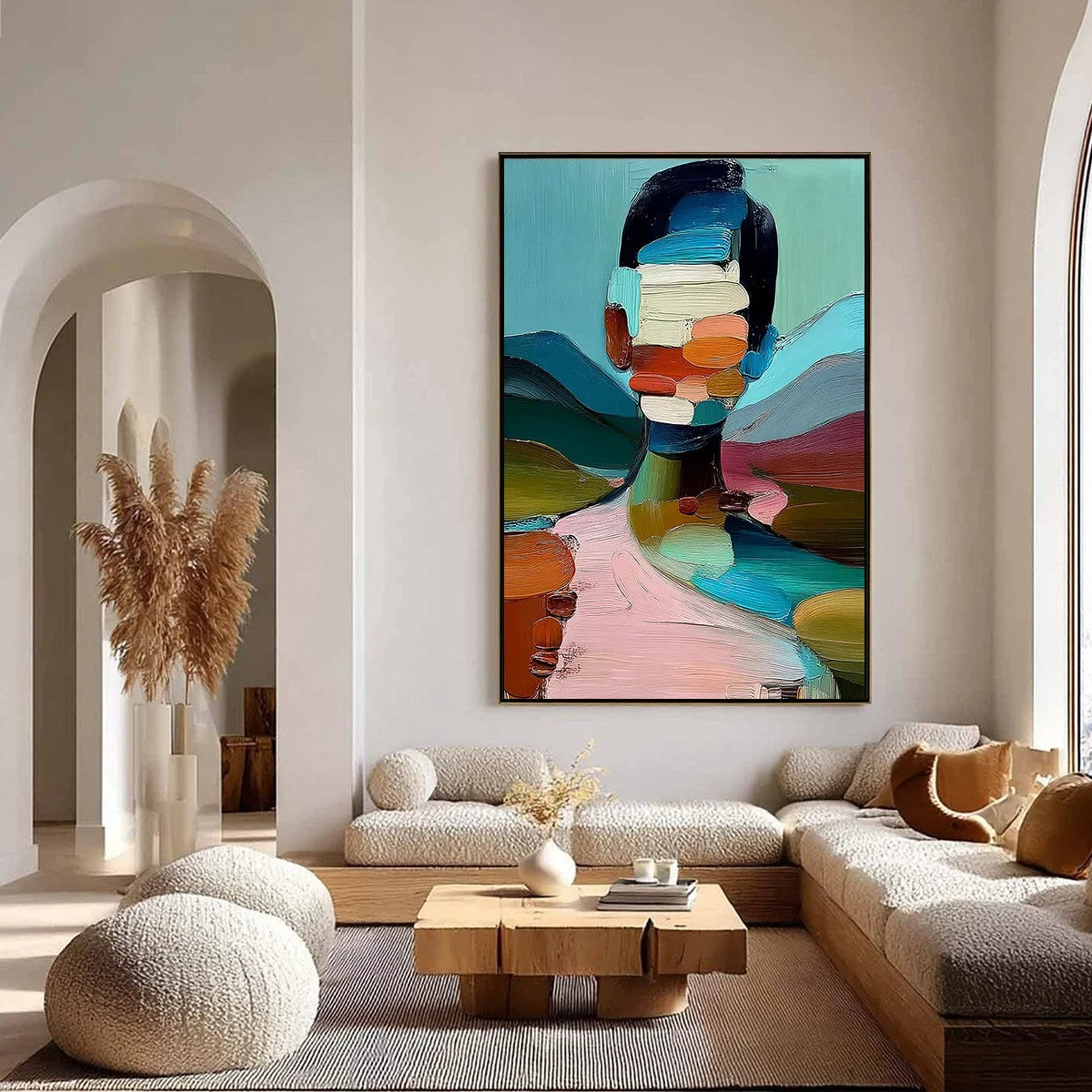 MOSAIC OF BEING: Colorful Abstract Impasto Portrait Wall Art | gold frame stretched on neutral wall