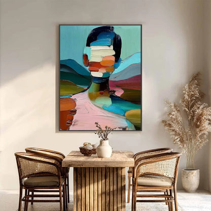 MOSAIC OF BEING: Colorful Abstract Impasto Portrait Wall Art | black frame version on white wall