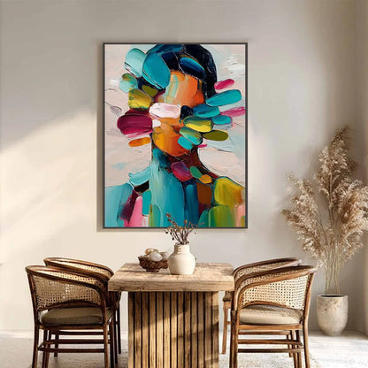 PERSONA IN BLOOM: Colorful Abstract Portrait Impasto Oil Painting | black frame version on white wall