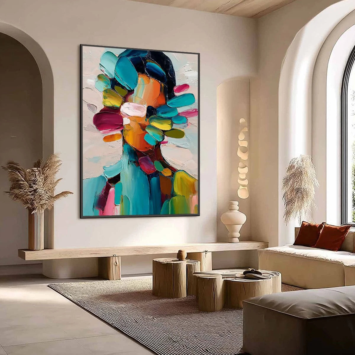 PERSONA IN BLOOM: Colorful Abstract Portrait Impasto Oil Painting | Figurative mood, soft natural light studio shot