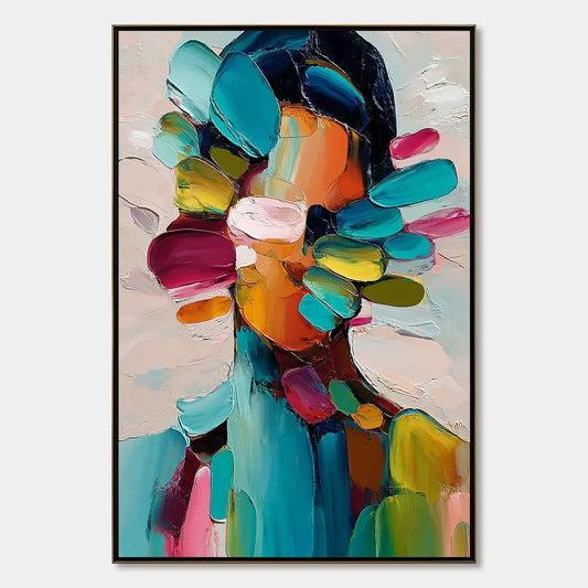 PERSONA IN BLOOM: Colorful Abstract Portrait Impasto Oil Painting | hanging in living room, Figurative wall art