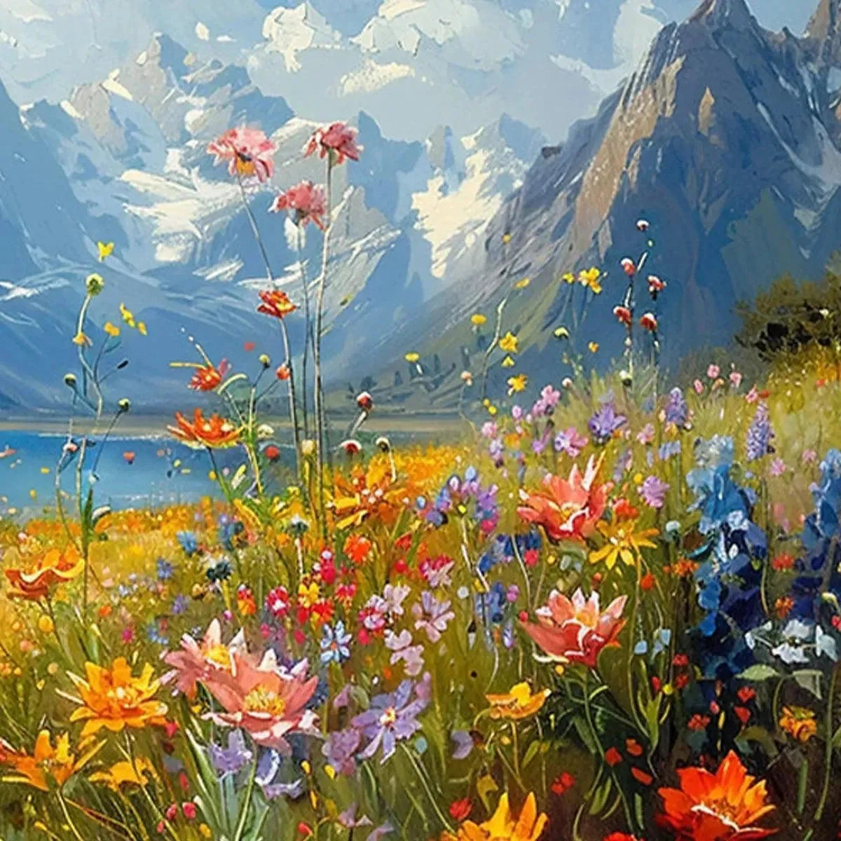 ALPINE MEADOW: Colorful Mountain Landscape Wildflower Painting | rectangular format, hand-painted canvas edge