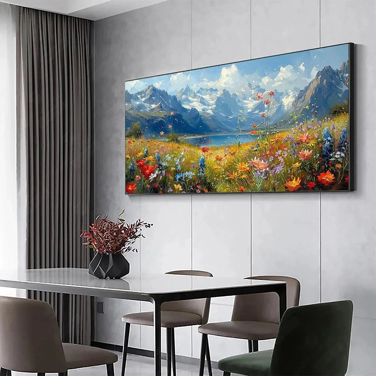 ALPINE MEADOW: Colorful Mountain Landscape Wildflower Painting | gold frame stretched on neutral wall